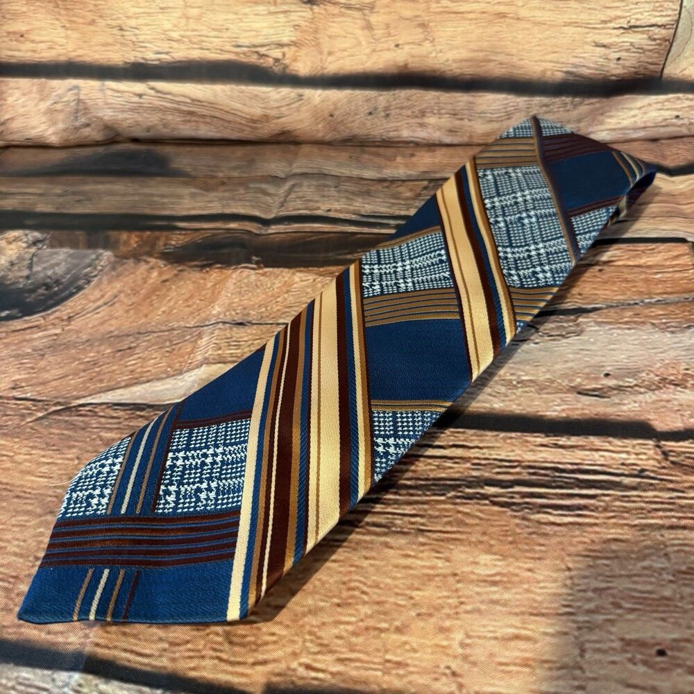 Richwood Collection Mens Tie Blue Gold Houndstooth Striped Plaid 4" Wide Vintage